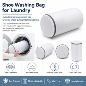 Shoe Washing Bag For Laundry Cylindrical Sandwich Mesh Laundry Bag With Durable Zipper Anti-Deformation & Protective Laundry Net, 35x21cm